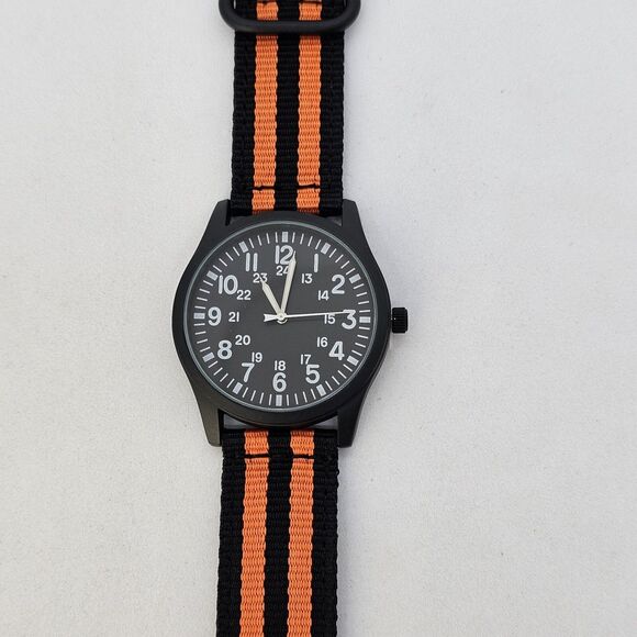 Field Military Men's Watch 42MM Black Case Dial Black Orange Canvas Band Straps‎ - Picture 4 of 16